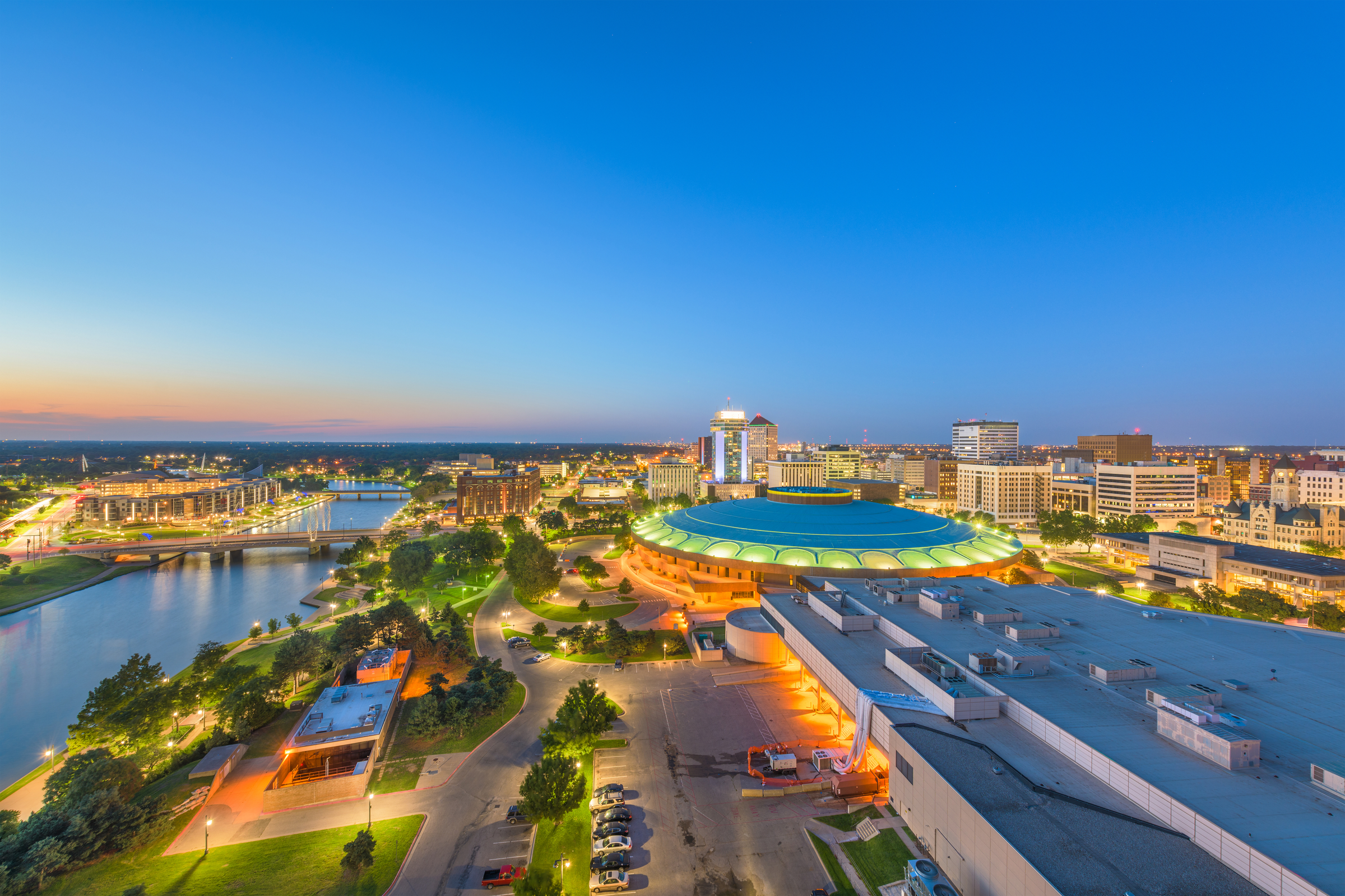 Wichita, Kansas, USA downtown skyline at dusk.