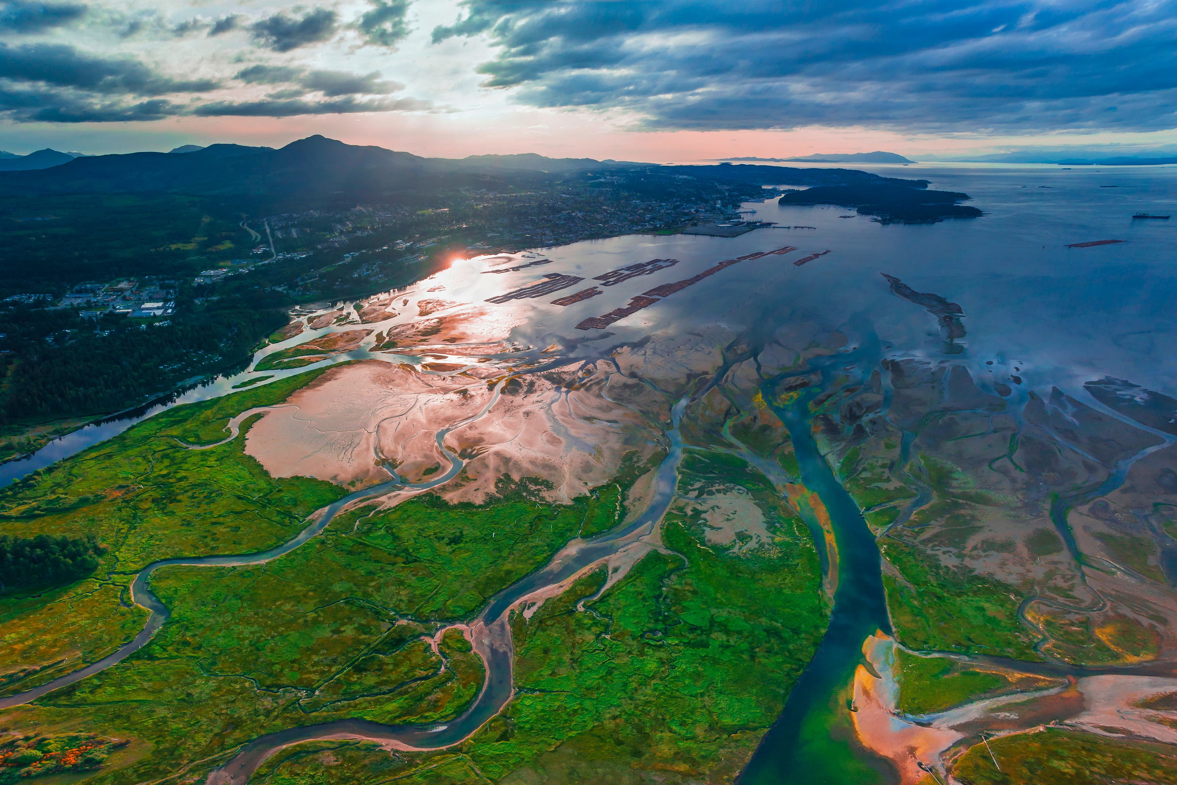 The Nanaimo River Estuary aka the largest estuary on Vancouver Island near Nanaimo, BC, Canada. Aerial perspective, lush spring green vegetation, sun reflection, log pond, coastal landscape.