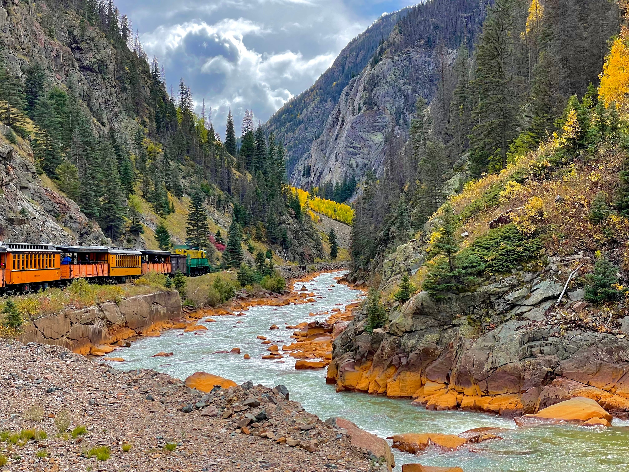 Narrow Gauge Railroad near River in Durango to Silverton Colorado USA