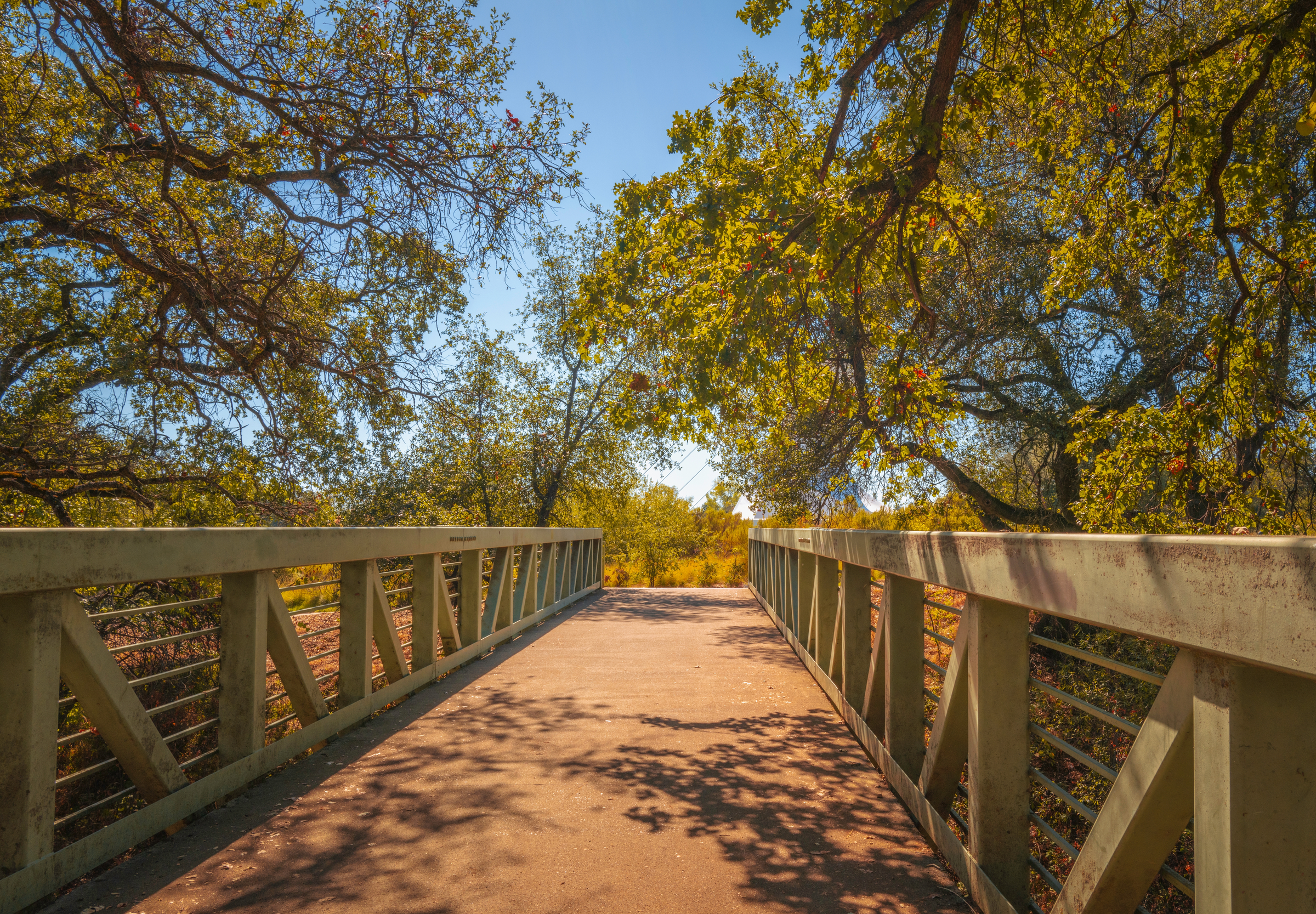 Old bridge over the creek on Sacramento River Trail in Redding, California 