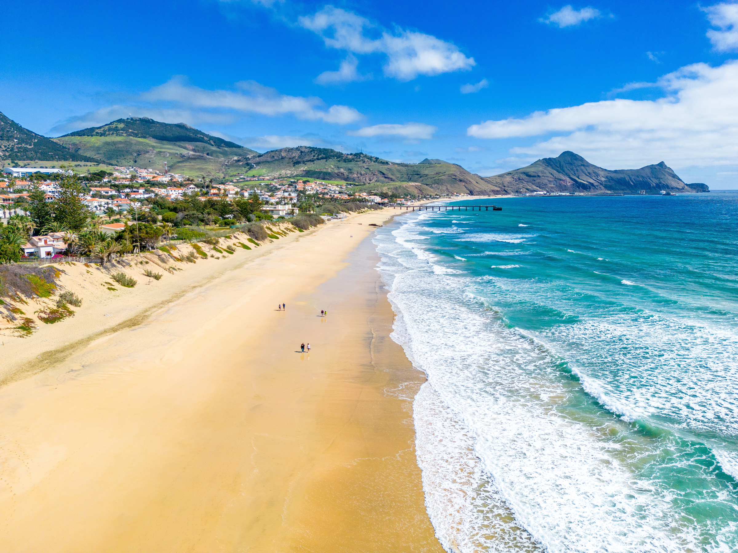 Porto Santo Beach Aerial View. Popular tourist destination in Portugal Island in the Atlantic Ocean. Vila Baleira in Porto Santo, Madeira, Portugal.