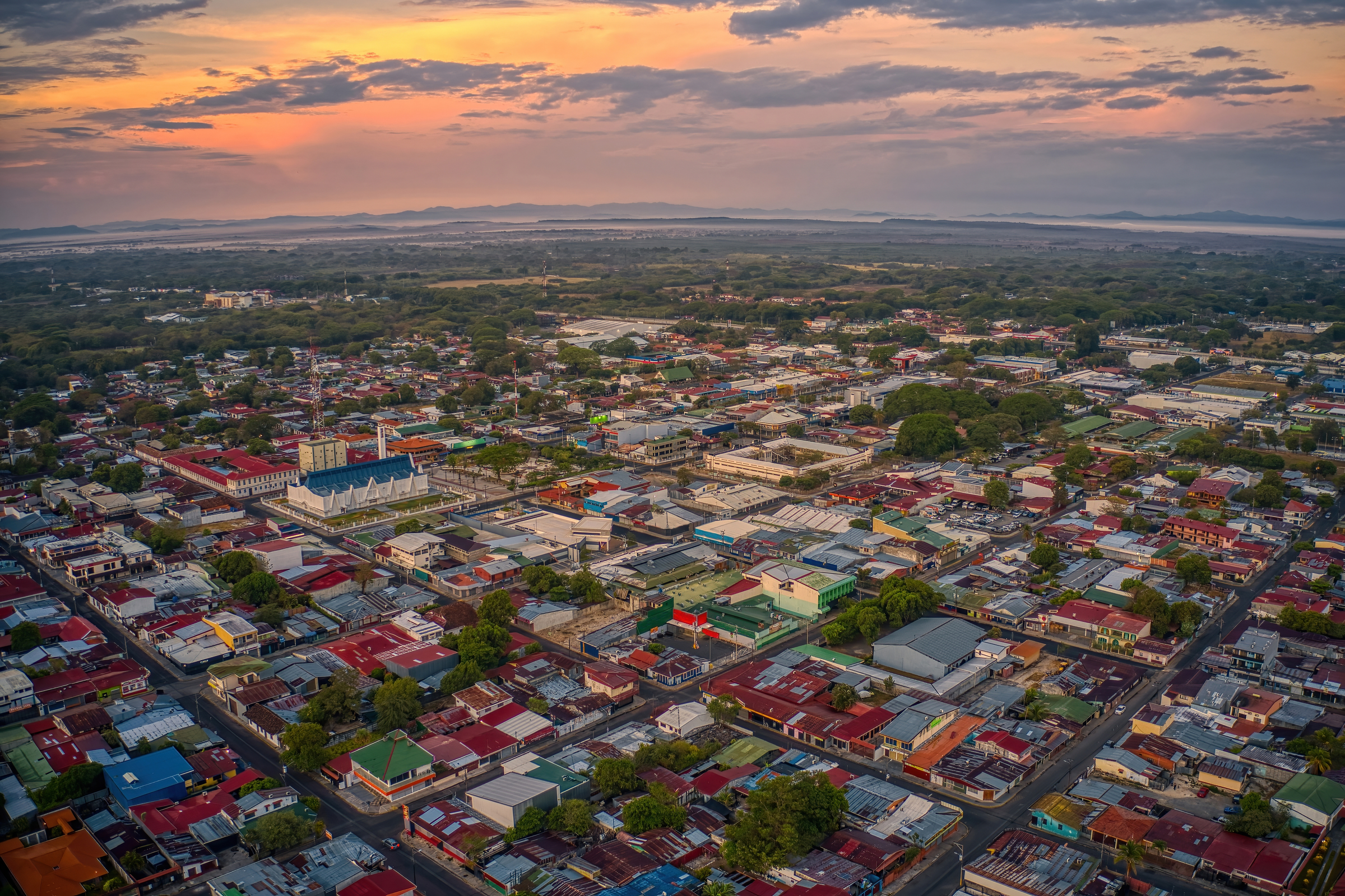 Aerial View of Liberia, Costa Rica at Dusk or Dawn.