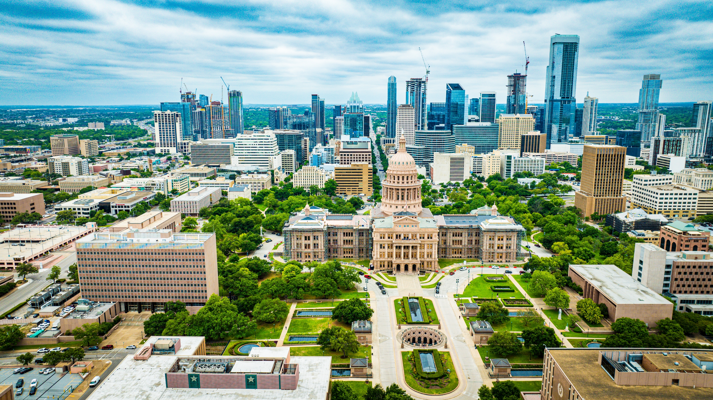 A Bird's eye view of Texas Capitol building in Austin, TX.