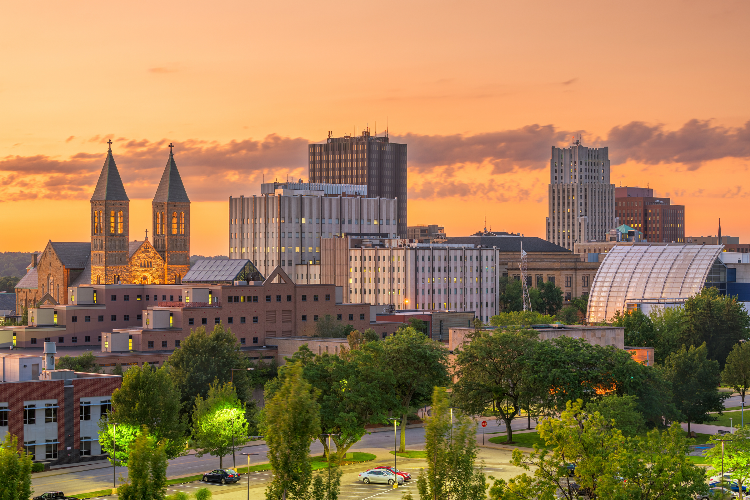 Akron, Ohio, USA downtown skyline at dusk.