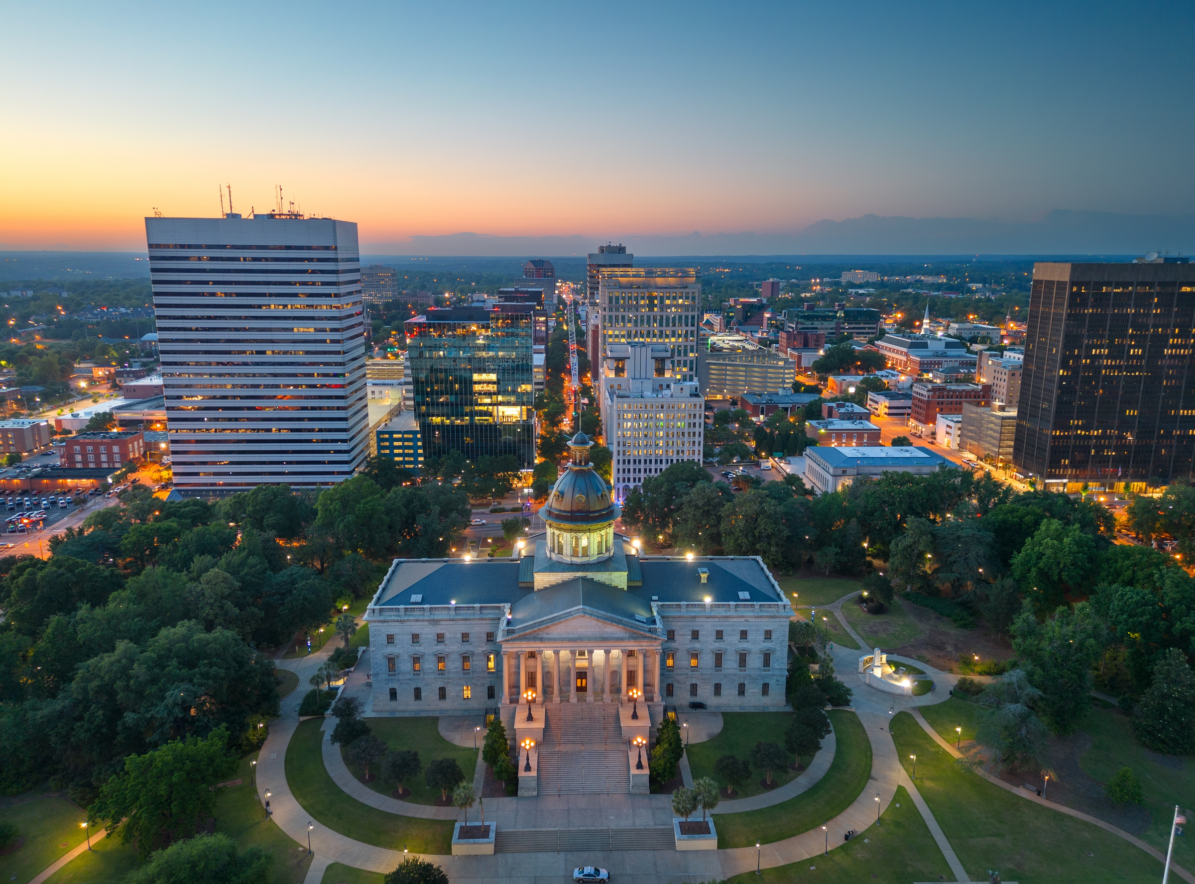 Columbia, South Carolina, USA downtown cityscape at dusk.