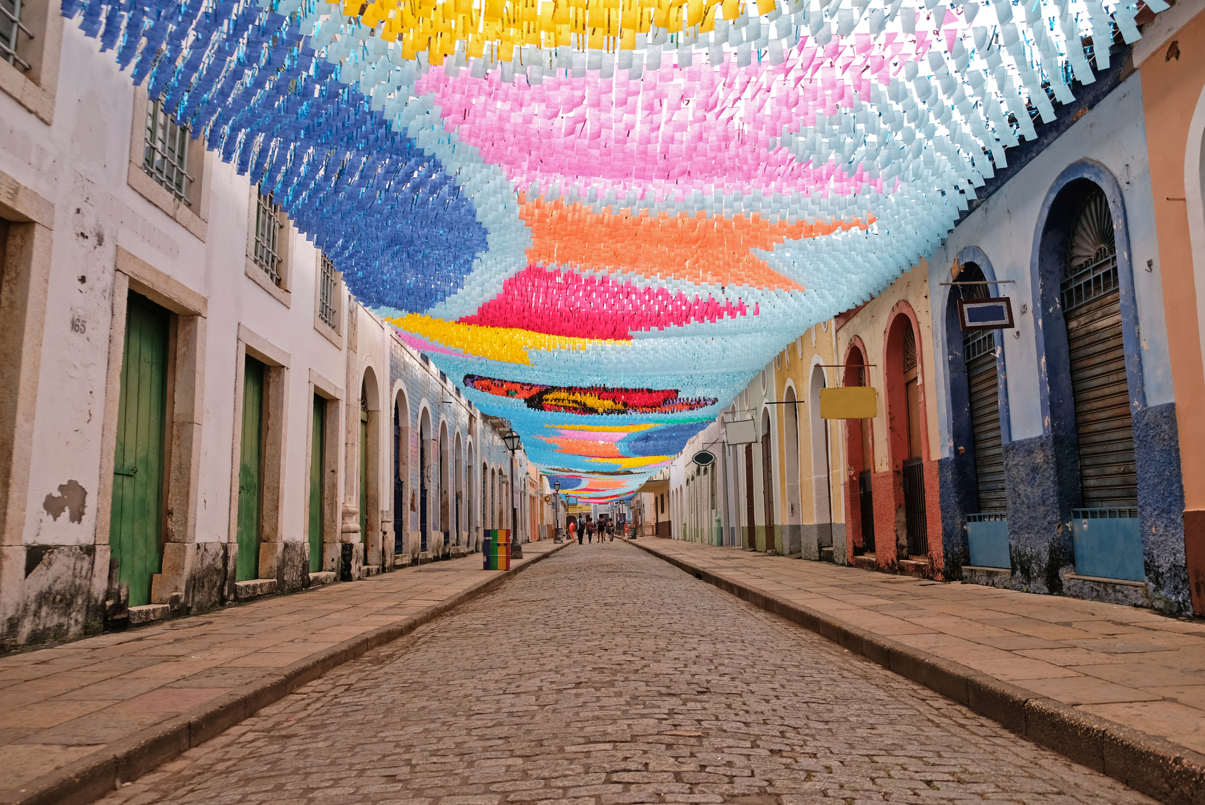 Flags hanging in the streets of sao luis do maranhao for the festival of sao joao, bumba meu boi