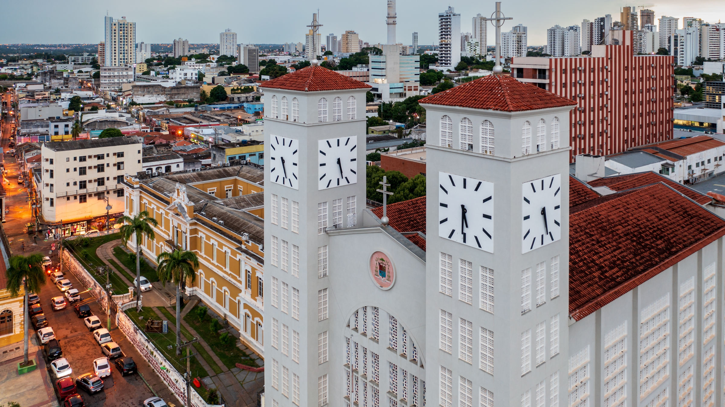 Aerial and panoramic view of the city of Cuiabá in Mato Grosso and the church of Bom Despacho and Bom Jesus