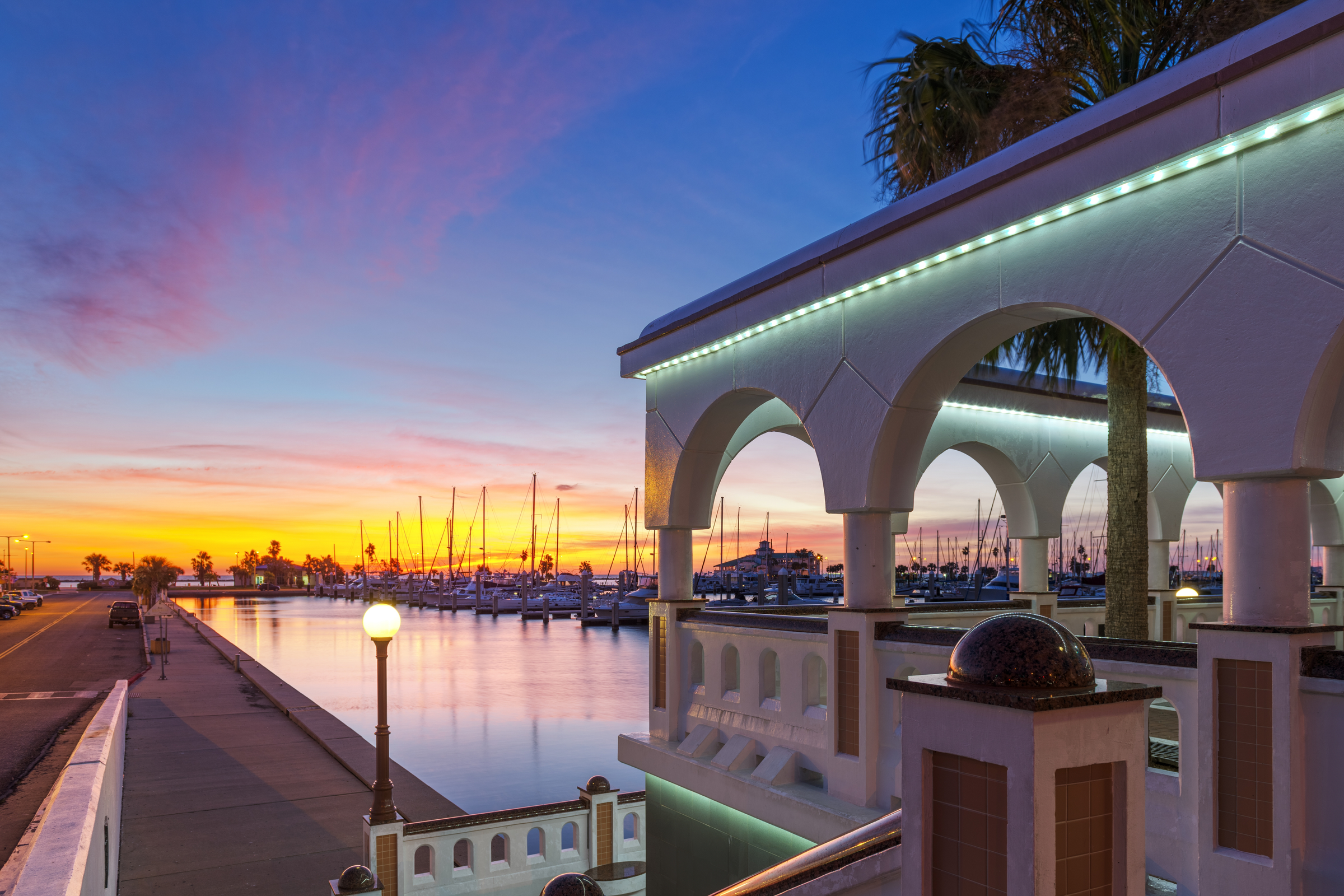 Corpus Christi, Texas, USA on the seawall at dawn.