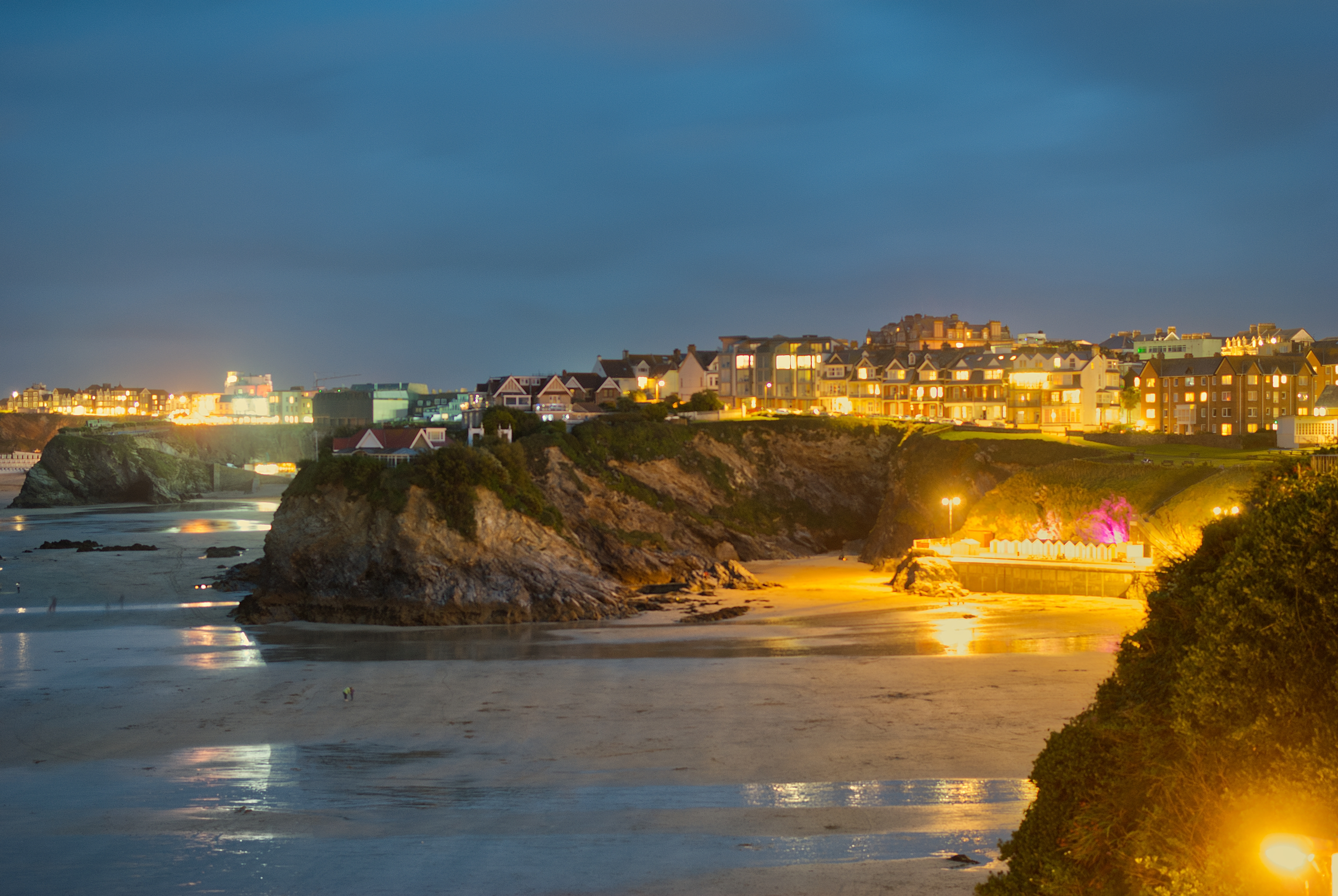 Newquay Beach From Harbour At Night