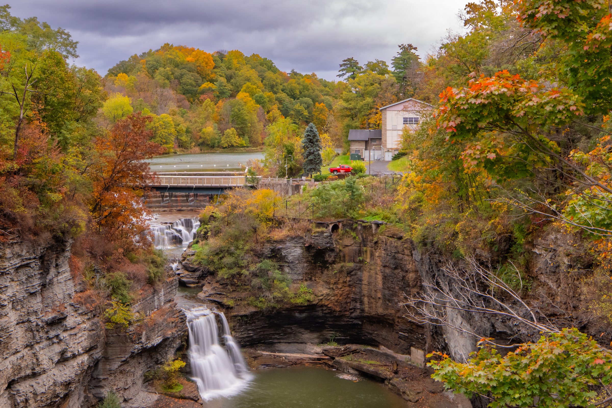 Beebe lake dam waterfalls and bridge. The Beebe Lake Cornell Campus in Ithaca, New York.