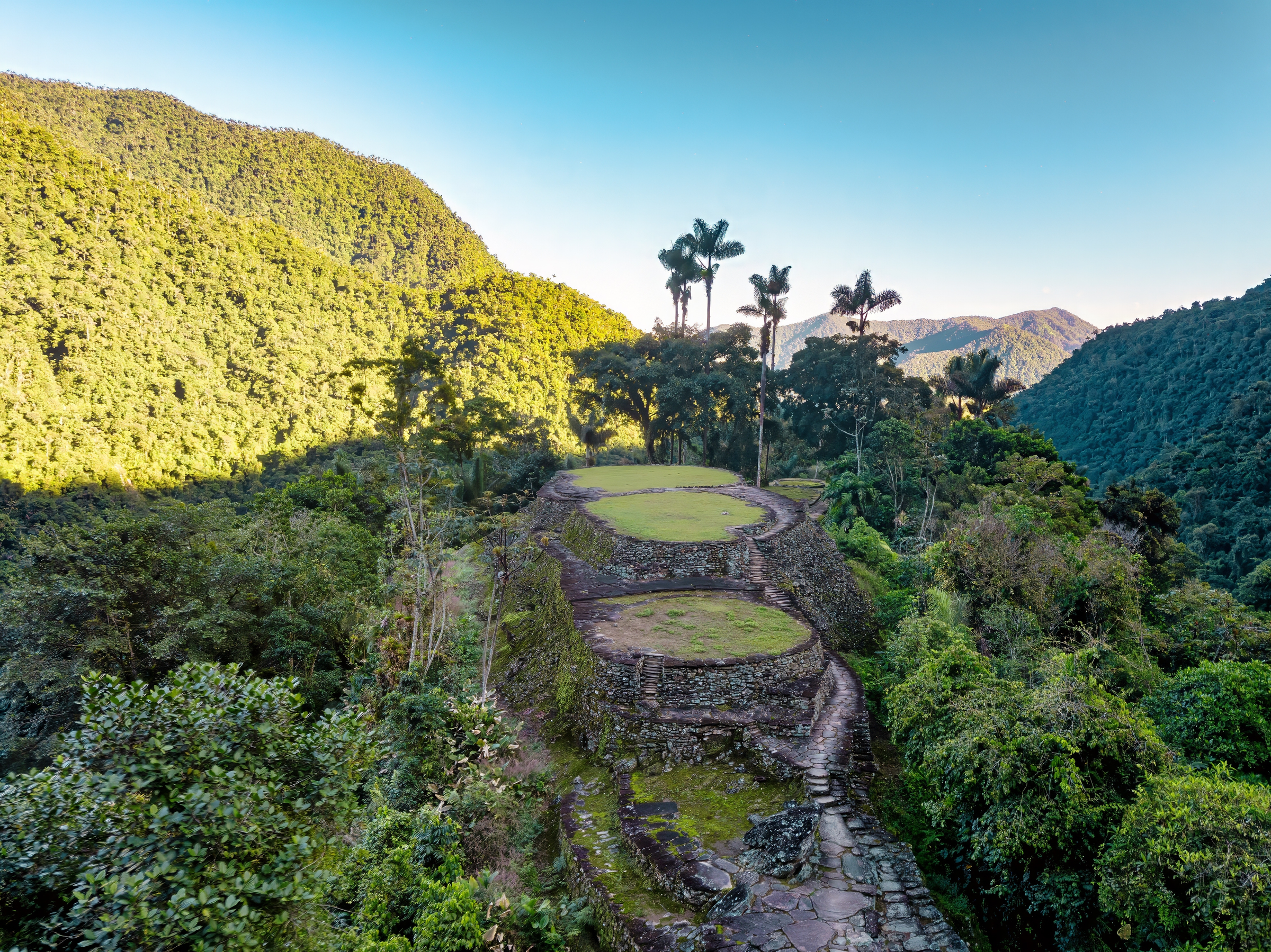 Hidden ancient ruins of Tayrona civilization Ciudad Perdida in the heart of the Colombian jungle Lost city of Teyuna. Santa Marta, Sierra Nevada mountains, Colombia wilderness