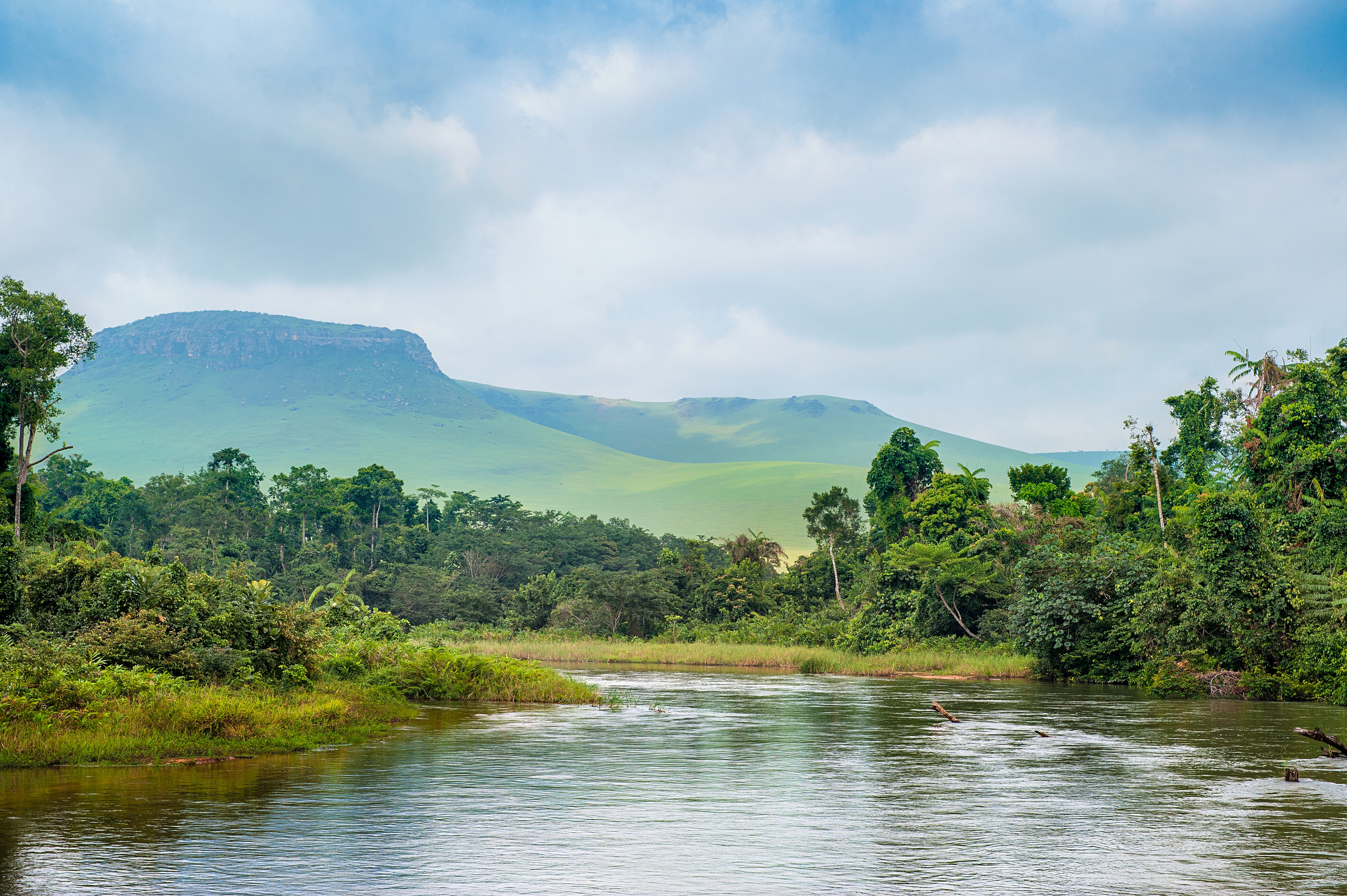 River in the Jungle. Small river in jungle. Under the cloudy sky through hills and mountains the small river proceeds on jungle. Congo. Africa