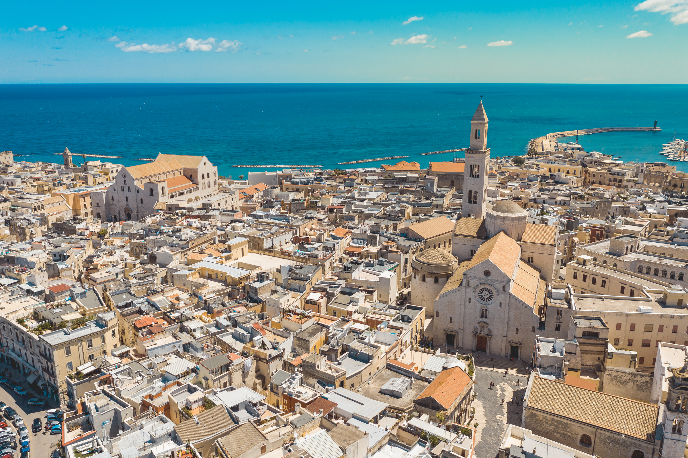 Aerial view of Bari old town. On the right there is Bari Cathedral (Saint Sabino), on the left there is "San Nicola Basilica", Bari second Cathedral. These churches were built during middle ages.