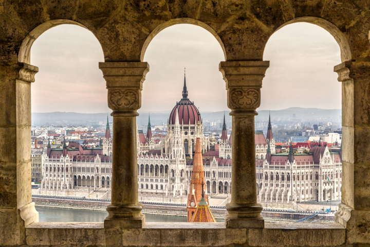 Budapest, Parliament view through Fishermans Bastion, Hungary