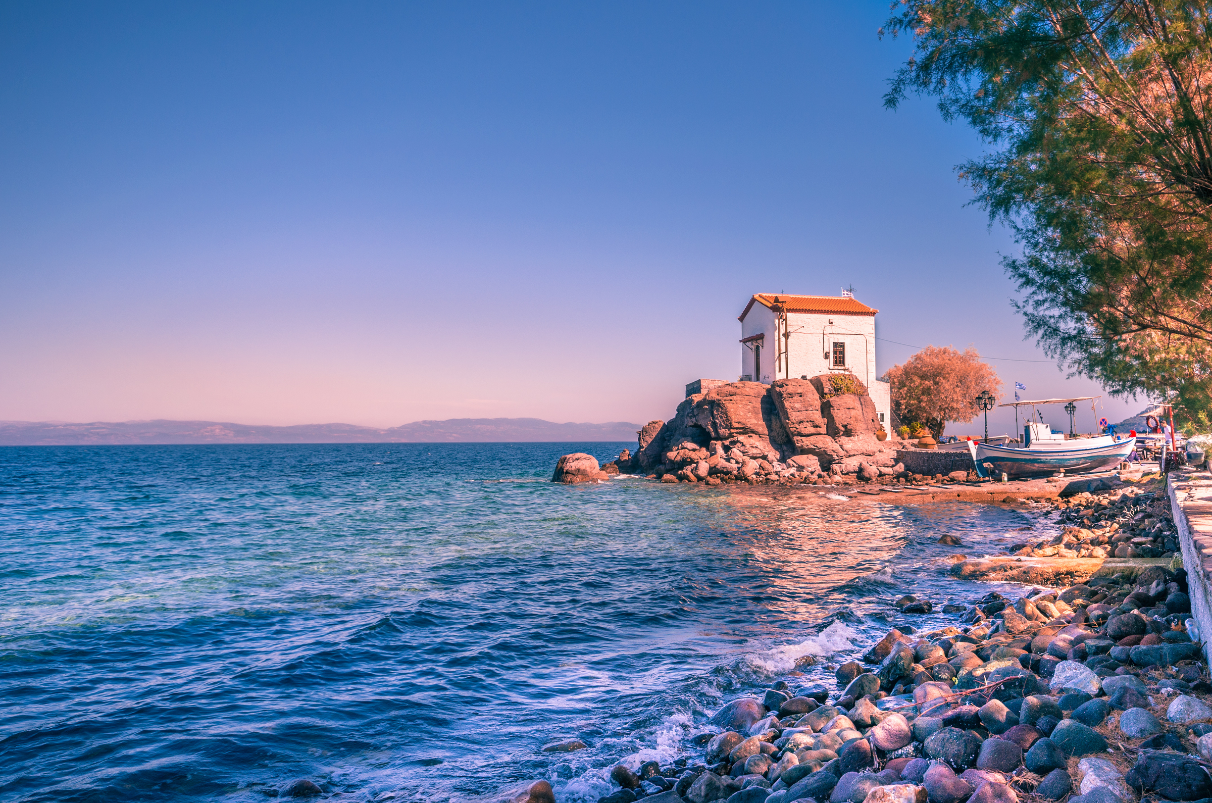 The little church of Panagia gorgona situated on a rock in Skala Sykamias, a picturesque seaside village of Lesvos.