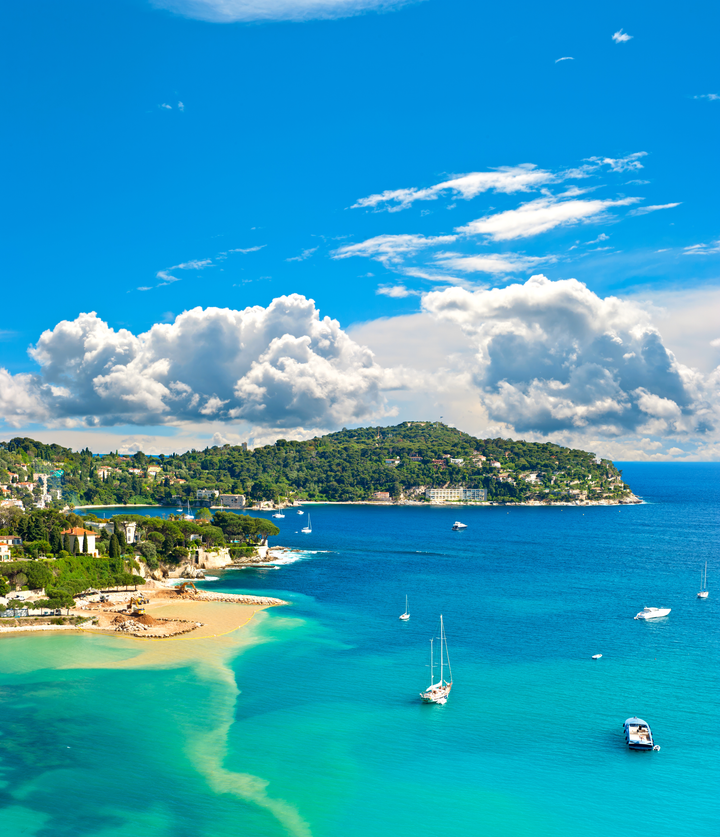 view of luxury resort and bay of Cote d'Azur. Villefranche by Nice, french riviera. turquoise sea and blue sky