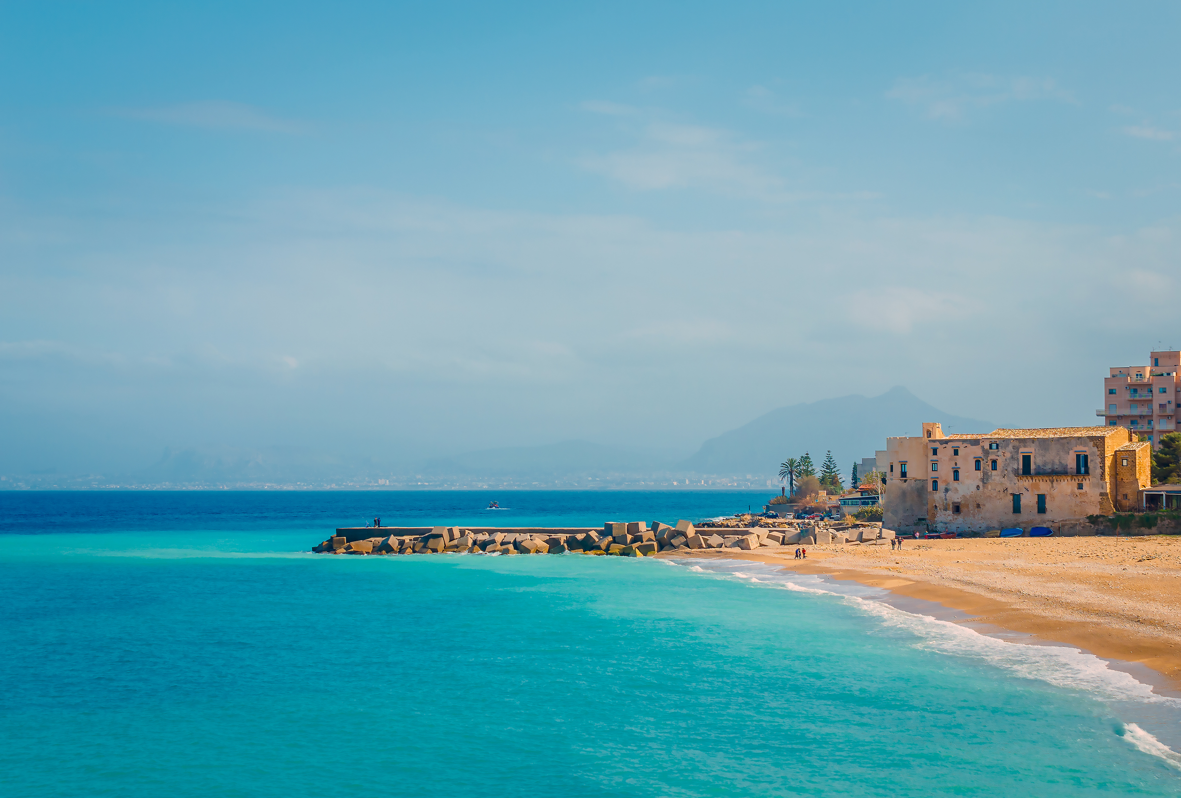 Sandy beach in village near Palermo in spring on Sicily island, southern Italy 