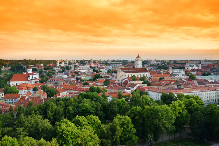 Beautiful evening panorama of Vilnius old town, taken from the Gediminas hill