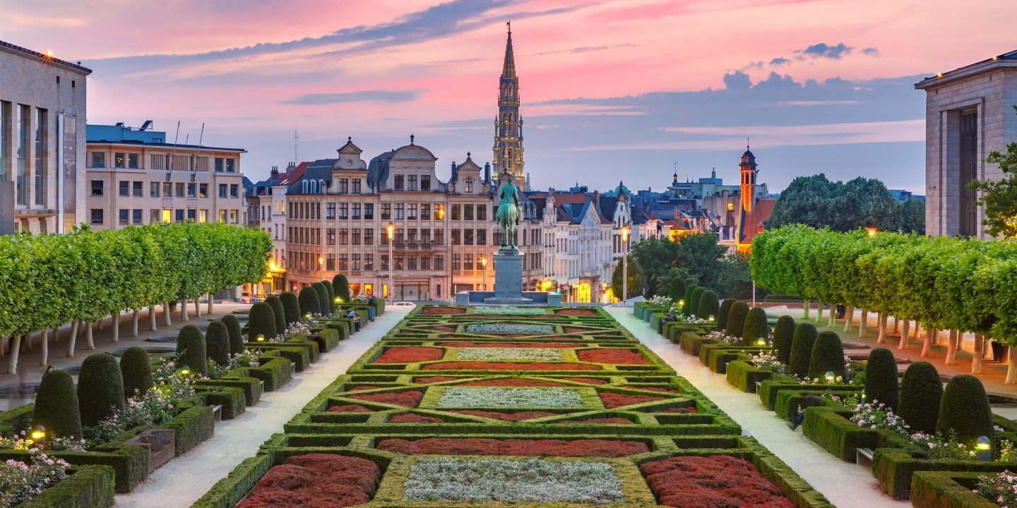 Brussels City Hall and Mont des Arts area at sunset in Brussels, Belgium